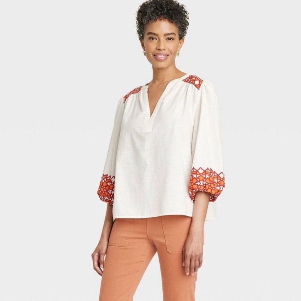 Women's Balloon 3/4 Sleeve Woven Top - Knox Rose Cream Abstract XL